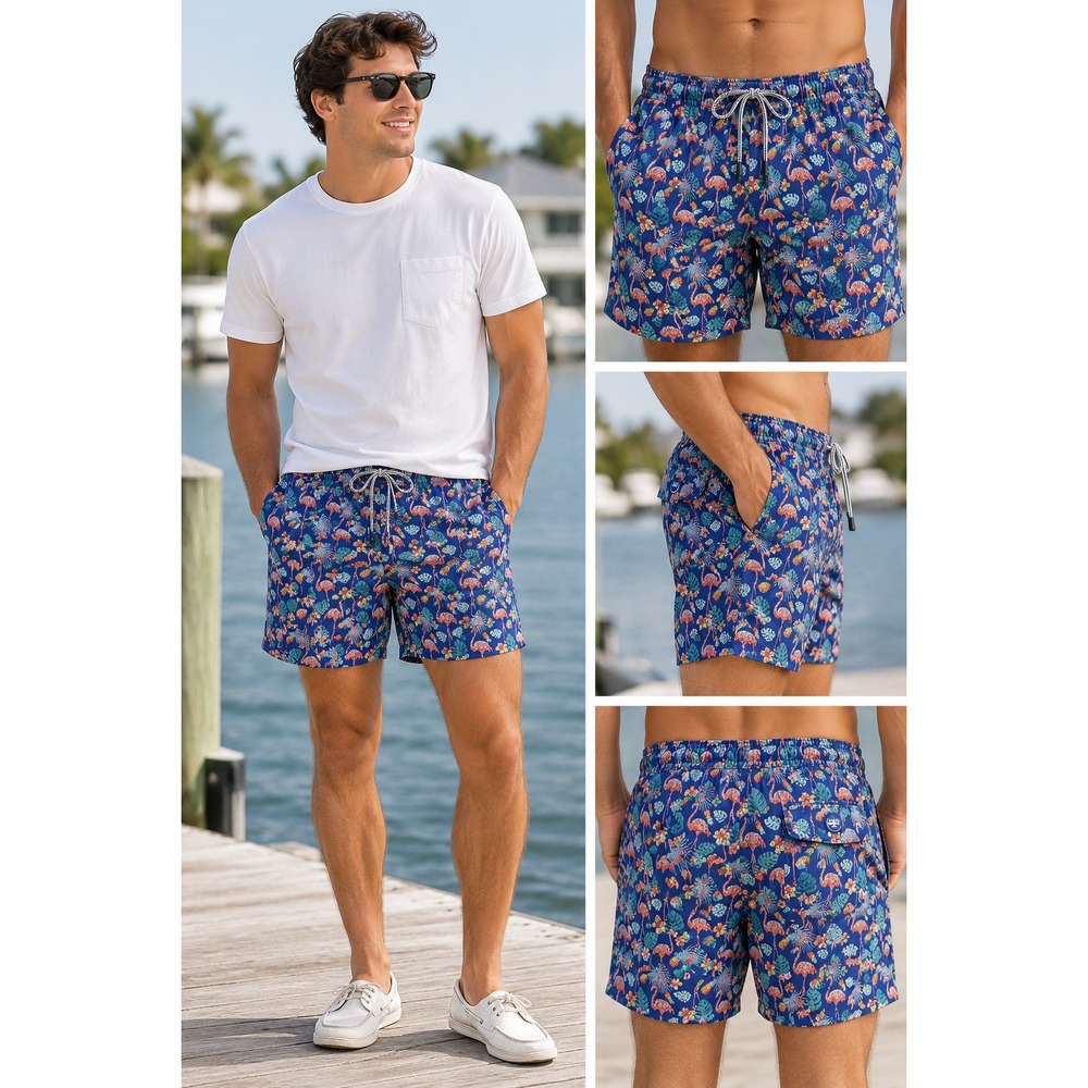 Peter Millar Mens Flamingo Tropical Print Swim Trunks Navy Blue Size S 7" inseam
